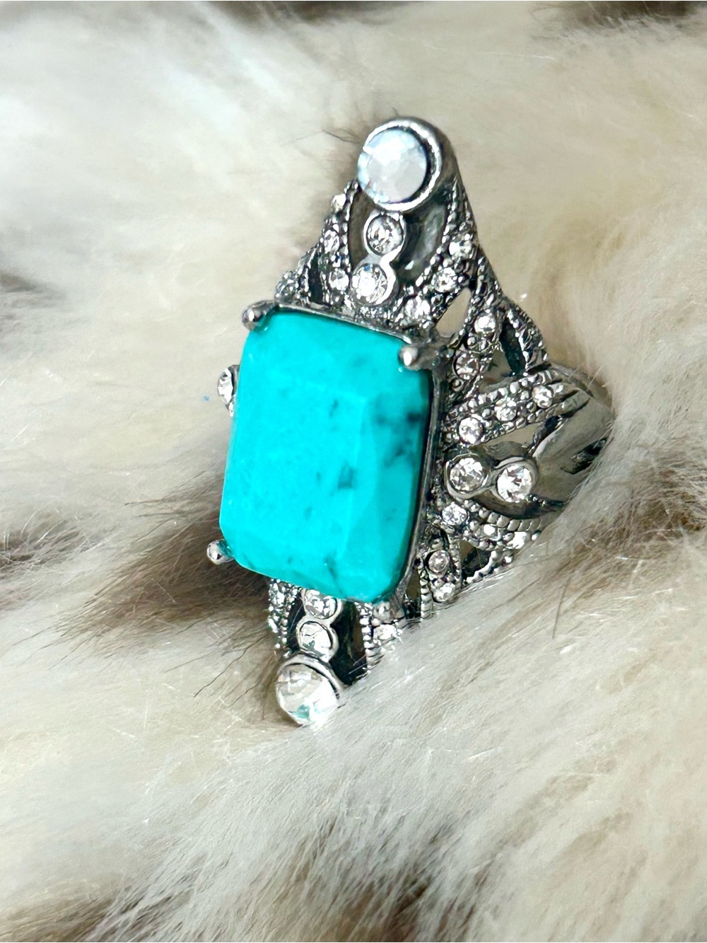 Emerald-Cut Teal Statement Ring with Vintage Filigree